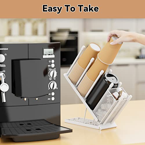 OVICAR Cup and Lid Holder - Adjustable Coffee Cup Holder Organizer 4 Compartment Disposable Paper Plastic Cup Dispenser with Straw Storage Basket for Coffee Bar Station Breakroom Countertop White - color: White