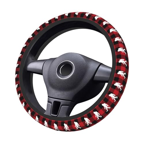 Bigfoot Big Foot Red and Black Buffalo Plaid Car Steering Wheel Cover,Non-Slip Elastic Neoprene-Sweat Car Accessories,Universal 15 Inch Fit Auto, Vans Trucks,Suvs, Truck - color: Big Foot