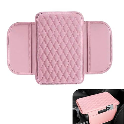 Car Middle Center Console Cover, Stylish Leather Scratch-resistant Non-slip Armrest Cover, Classic Center Console Protective Decoration with Storage Pocket, Universal for Most Vehicles (Pink)