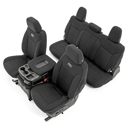 Rough Country Neoprene Seat Covers for Chevy Silverado & GMC Sierra 1500 (2019-2026) w/No Rear Seat Storage or Cup Holder - Waterproof & UV Resistant, Foam Padded, Front & Rear Row Cover Set