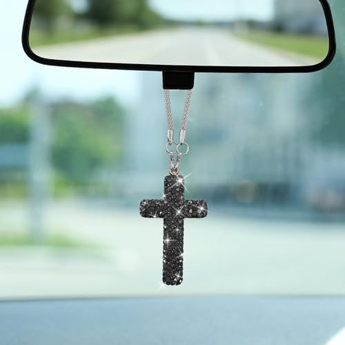 Bling Cross for Car Mirror Hanging, Crystal Rhinestone Religious Decorative Pendant, Cross Necklace Rear View Mirror Charm, Universal Car Diamond Cross Rearview Mirror Accessories (Black) - color: Black