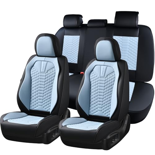 Coverado Leather Seat Covers, Car Seat Covers Full Set, Waterproof Nappa Leather Car Seat Cover, Car Seat Protectors 5 Seats, Black & Blue Automotive Seat Covers Fit for Most Cars Trucks - color: Patchwork-Black&Blue, size: Full Set