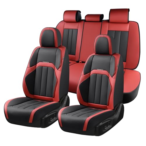Coverado Nappa Leather Car Seat Covers Full Set, Luxury Waterproof Seat Protectors, Airbag Compatible Anti‑Slip Auto Seat Covers, Universal Fit for Most Cars SUVs Trucks Pickup Vehicles - color: Black-Red, size: FullSet