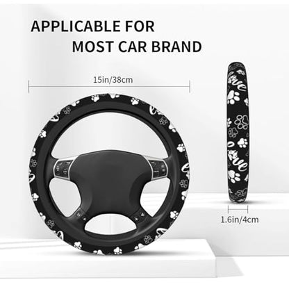 Paw Print Steering Wheel Cover - Dog Paw Print Steering Wheel Cover Dogs Prints Anti-Slip Breathable Universal for 15 Inch Car with 2 Pieces Car Coasters for Men/Women - color: Paw Print Black