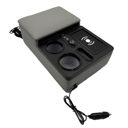Car Armrest Box with Cup & Phone Holders, USB Port, Truck Center Console Organizer or Bench Seat Console (Gray)
