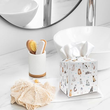 Tissue Box Cover Holder Square - Cute Cats and Paw PU Leather Tissue Box Cover with Bottom Belt, Facial Paper Organizer for Tabletop, Bathroom, Kitchen, Car & Office -040 - color: Cute Cats