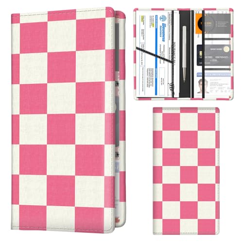 Car Registration and Insurance Holder with Magnetic Shut, Cute Vehicle Glove Box Car Organizer, Premium Interior Car Accessories for Women Men Pink White Checkerboard - color: Pink White Checkerboard