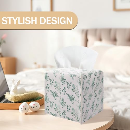 Watercolor Eucalyptus Leaves Tissue Box Cover - Green Leaves Branches Waterproof PU Leather Facial Paper Organizer, Decorative Square Holder for Bathroom, Home Office & Car Decorations - color: Green02