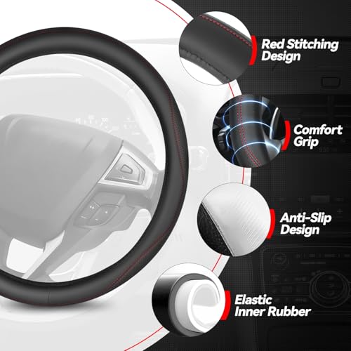 Auto Dynasty Steering Wheel Cover, Breathable Microfiber Leather Car Steering Wheel Protector with Red Stitched, Anti-Slip Inner Rubber Lining, [14 1/2 to 15 Inches] Universal Fit Cars Trucks SUVs - color: Stitched Red A