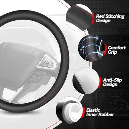 Auto Dynasty Steering Wheel Cover, Breathable Microfiber Leather Car Steering Wheel Protector with Red Stitched, Anti-Slip Inner Rubber Lining, [14 1/2 to 15 Inches] Universal Fit Cars Trucks SUVs - color: Stitched Red A