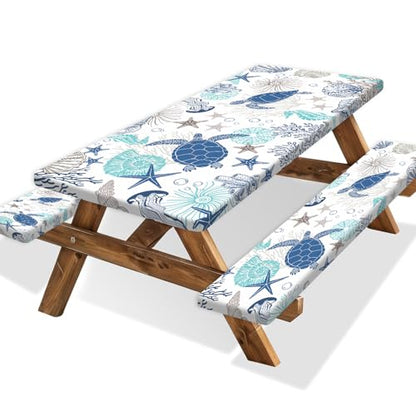 Picnic Table Cover with Bench Covers Nautical Coastal Waterproof Windproof Elastic Fitted Outdoor Camping RV Tablecloths with Drawstring Bag Reusable Rectangle Tables and Seats Cover 30X72IN - color: Blue and White, size: 30" x 72" (Rectangular)