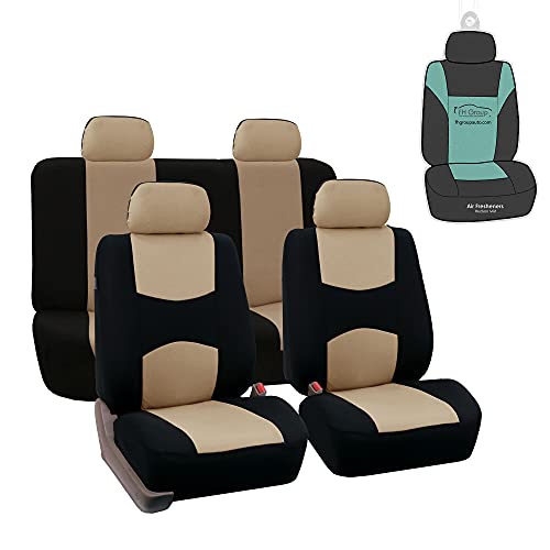 FH Group Flat Cloth Seat Covers Front Seat and Solid Rear Bench Full Set with Gift - Universal Fit for Cars, Trucks & SUVs (Beige/Black) - color: Beige