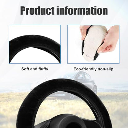 Car Fluffy Steering Wheel Cover, 15'' Universal Furry Auto Steering Wheel Protector for Warm Winter, Elastic Non-Slip Car Steering Wheel Cover, Vehicle Interior Decor Accessories (Black)