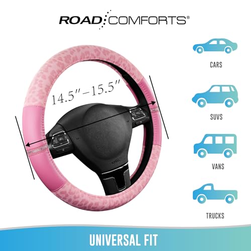 Road Comforts Leopard Steering Wheel Cover for Women, Cute Anti-Slip Microfiber Leather, Universal Fit 14.5-15 Inch Round Steering Wheel - Full Pink - color: Round All Pink