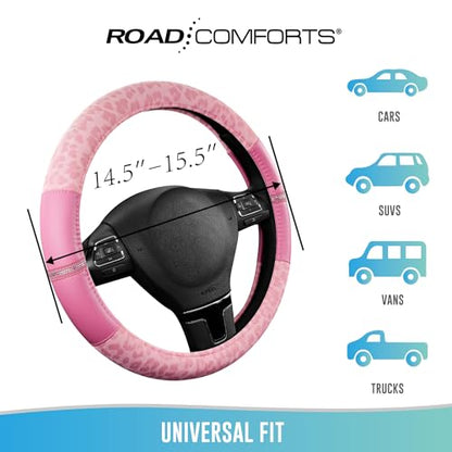 Road Comforts Leopard Steering Wheel Cover for Women, Cute Anti-Slip Microfiber Leather, Universal Fit 14.5-15 Inch Round Steering Wheel - Full Pink - color: Round All Pink