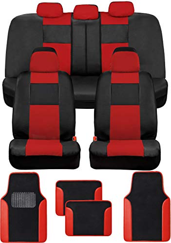 BDK Red Faux Leather Car Seat Covers Full Set with Matching Carpet Car Floor Mats - Universal Front & Back Bench Car Seat Protector & Car Mats Full Set for SUV & Truck Automotive Interior Liner - color: Red