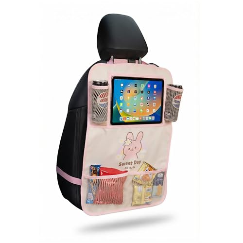 Backseat Car Organizer for Kids, Car Seat Organizer with 11” Touch Screen Tablet Holder, Rear Seat Storage Bag with Drink Pockets, Anti-Kick Seat Back Protector for Travel (Pink Rabbit)