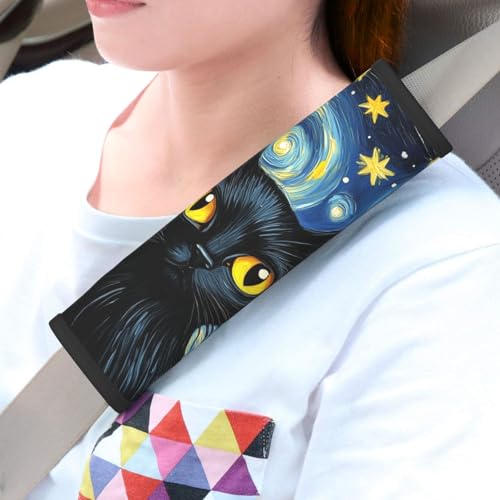 Seat Belt Cover Pads Starry Night Art Animal Cat Car Seat Belt Covers for Women Men Adults Kids Soft Comfortable Auto Seatbelt Cushion Shoulder Strap Pad Handle Wraps, 1 Pair - color: Starry Night Art Animal Cat
