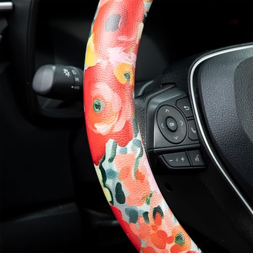 Poppy Coral Pink Flowers Steering Wheel Cover Auto Jacquard Steering Wheel Protector, Anti-Slip, Breathable, Absorbing Sweat, Universal Car Accessories 14.5–15 inch,Fit for Most Car, Trucks, SUV - style: Poppy Coral Pink Flowers