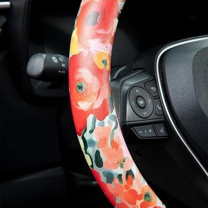 Poppy Coral Pink Flowers Steering Wheel Cover Auto Jacquard Steering Wheel Protector, Anti-Slip, Breathable, Absorbing Sweat, Universal Car Accessories 14.5–15 inch,Fit for Most Car, Trucks, SUV - style: Poppy Coral Pink Flowers