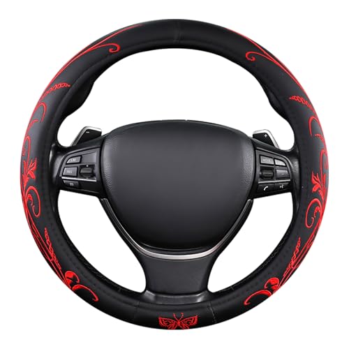 Car Leather Steering Wheel Cover - Panapi Material, Universal 14.5-15 Inch Leather Anti-Slip Breathable Auto Steering Wheel Covers for Men Women (Embroidery-Red) - color: Embroidery-Red
