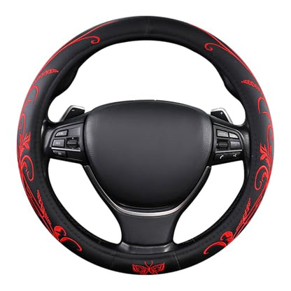 Car Leather Steering Wheel Cover - Panapi Material, Universal 14.5-15 Inch Leather Anti-Slip Breathable Auto Steering Wheel Covers for Men Women (Embroidery-Red) - color: Embroidery-Red