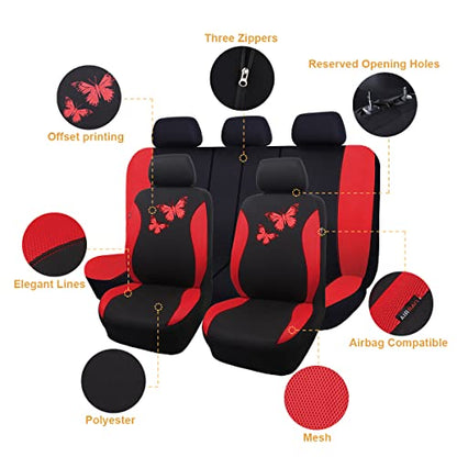 Flying Banner Butterfly car seat Covers ful Set Fashion Universal Lady Woman Female Rear Bench Split Colorized (Full Set, Red) - color: Red, size: Full set
