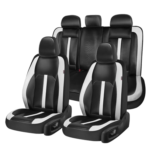Coverado Leather Car Seat Covers Full Set & Carbon Fiber, Waterproof and Durable All Weather Protector, Universal Fit for SUV, Pickup Truck, Sedan, Automotive Vehicle Interior, Black&White - color: CF-Black&White, size: FullSet