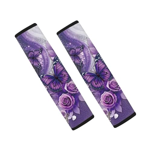 Dreaweet Car Seat Belt Cover Pad Purple Rose Butterfly Seatbelt Covers for Women Universal Auto Accessories 2 Pcs Seatbelt Cushions Comfy Soft Car Seat Strap Covers - color: Rose Butterfly