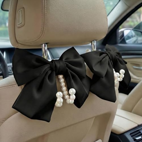 2PCS Satin Bow Pearl Car Seat Headrest Hooks – Car Bag Holder & Vehicle Hanger for Purses – Cute Coquette Aesthetic Interior Decoration – Cute Auto Organizer Accessories Universal (Black) - color: Black