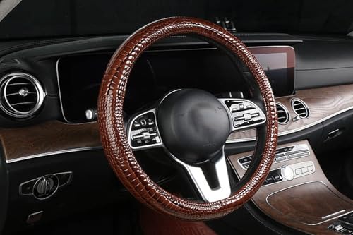 Luxury Crocodile Texture Glossy Leather Car Steering Wheel Cover, New Universal 15 Inch Vehicle Steering Wheel Cover for Cars, Trucks, Suvs, Pickups Interior Accessories (Brown) - color: Brown