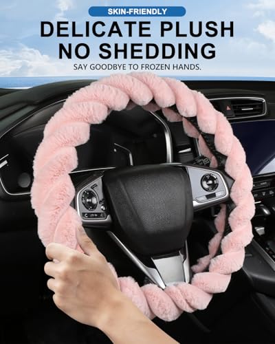 Fluffy Pink Steering Wheel Cover for Women Girls, Cute Plush Fuzzy 15" Universal Anti-Slip Breathable, Soft Warm Cozy Comfortable for Teen College Student, Kawaii Girly 14.5-15 Inch - color: Pink