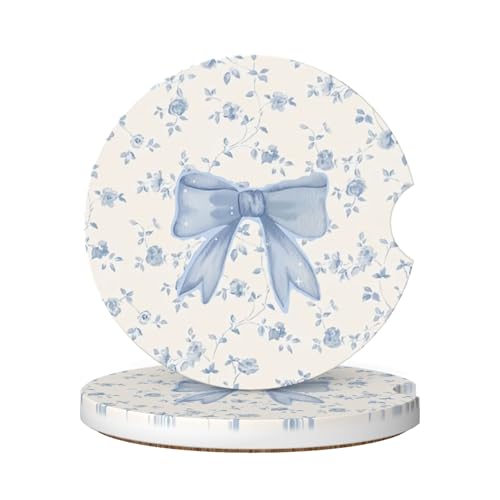 Absorbent Car Coasters for Cup Holders, 2 Pack Universal Anti Slip Ceramic Cup Coaster for Women Men 2.56 Inch Car Interior Accessories - Blue Bow Tie Flower - color: Blue Bow Tie Flower