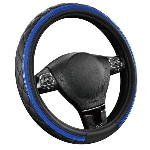 Road Comforts Leather Steering Wheel Cover – Black & Blue, Universal Fit 14.5-15 Inch, Microfiber Leather, Anti-Slip & Breathable Design for Men and Women - color: Blue