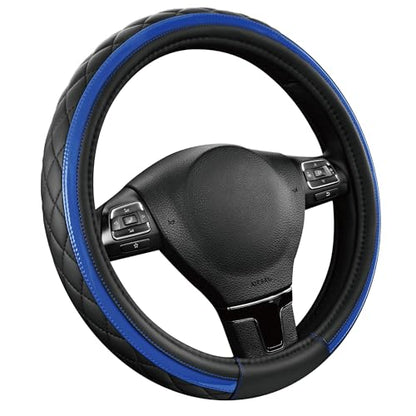Road Comforts Leather Steering Wheel Cover – Black & Blue, Universal Fit 14.5-15 Inch, Microfiber Leather, Anti-Slip & Breathable Design for Men and Women - color: Blue