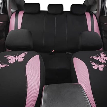 Flying Banner Butterfly car seat Covers ful Set Fashion Universal Lady Woman Female Rear Bench Split Colorized (Pink Black, Full Set) - color: Pink Black, size: Full set