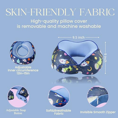 SKYTRAX® Certified Kids Safe Memory Foam Travel Neck Pillows for Kids and Toddlers, Cute Cartoon Design, Car Seat & Airplane Head Neck Support, Adjustable Snap Buttons, Washable Soft Cover (Dinosaur) - color: Universe/Dinosaur