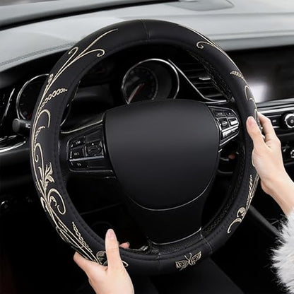Car Leather Steering Wheel Cover - Panapi Material, Universal 14.5-15 Inch Leather Anti-Slip Breathable Auto Steering Wheel Covers for Men Women (Embroidery-Beige) - color: Embroidery-Beige