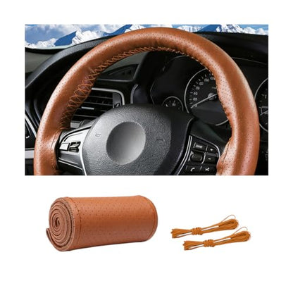 Genuine Leather Car Steering Wheel Cover, DIY Sewing Stitch on Wrap Auto Wheel Cover with Needle Thread, Breathable Anti-Slip Vehicle Steering Stitching Protector, Universal Fit (Brown) - color: Brown