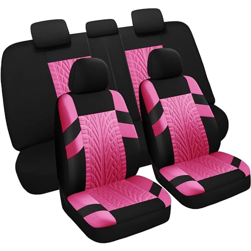 VarCozy Car Seat Covers Full Set, Front & Split Rear Bench for Car, Universal Cloth SUV, Sedan, Van, Automotive Interior Covers, Airbag Compatible - color: Black&Pink, size: Full Set