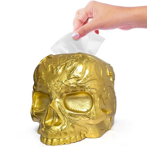 Tissue Box Cover Skull Gothic Decor for Countertop, Vanity, Dresser, Office, Spooky Art, Tissue Holder, Dispenser, Fits Most Square Tissue Boxes (Gold) - color: Gold
