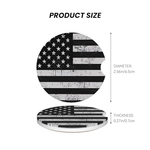 Absorbent Ceramic Car Coasters for Cup Holders, Black White American Flag Design 2.56" Anti Slip Universal Drink Cup Coasters for Women Men (2 Pack) - color: Black White American Flag