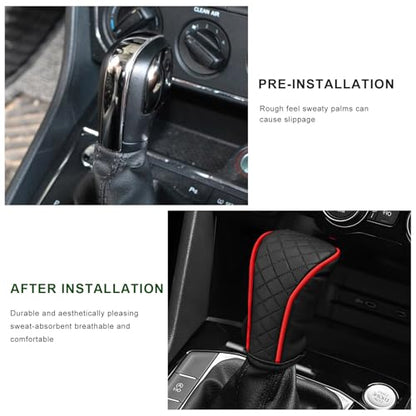 Car Gear Shift Cover, Scratch Resistant Gearshift Knob Protector with Hook-and-Loop Fastener, Universal Leather Gear Knob Protective Cover for Most Vehicles, Car Accessories (Black & Red)