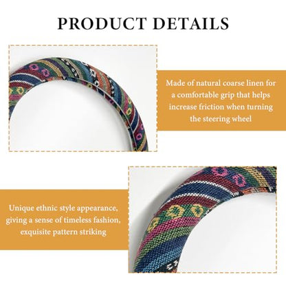 Boho Steering Wheel Cover, 15 Inch Coarse Flax Cloth Ethnic Style Anti-Slip Car Wheel Wrap, Universal Breathable Bohemian Steering Wheel Protector for Cars Vans Trucks (A) - color: A