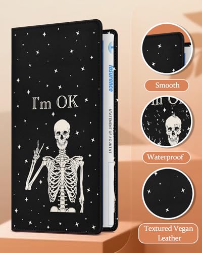 Slohif Car Registration and Insurance Holder - Skeleton Vehicle Glove Box Organizer Women with Magnetic Shut Leather Automobile License Holders Coasters Auto Accessories Case for Document - color: Skeleton