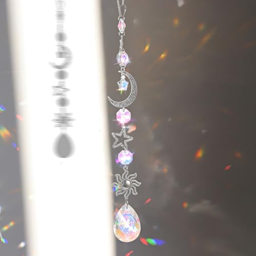 Moon and Star Rear View Mirror Car Charm, Cute Boho Sun Catcher Pendant Hangings Ornaments Healing Crystals Stones Car Decor for Women Men(B)