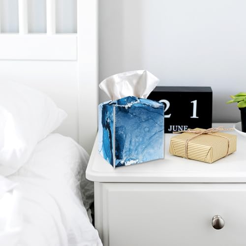Blue Tissue Box Cover Holder, Abstract Liquid Marble PU Leather Tissue Box Cover with Bottom Belt, Square Facial Paper Organizer for Tabletop, Bathroom, Kitchen, Car & Office -041 - color: Blue Marble 2