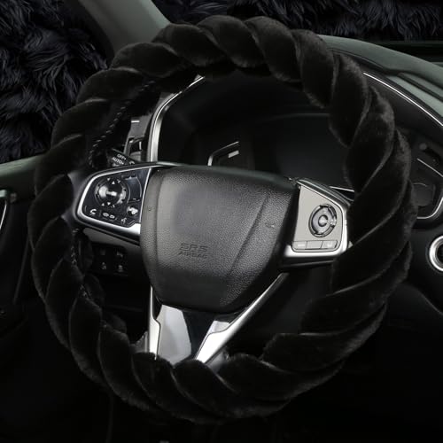 Fluffy Car Steering Wheel Cover, Luxury 14.5-15" Anti-Slip Round Fuzzy Twisted Fur Cute Steering Wheel Protector, Soft Warm Plush Steering Wheel Cover for Women Girls, Car Auto Accessories (Black)