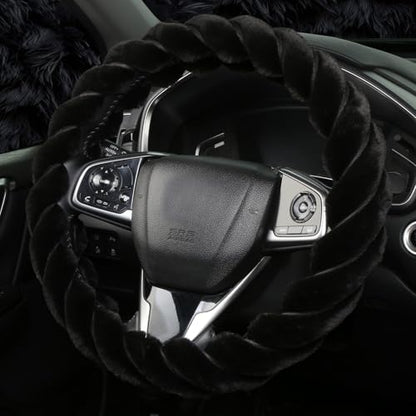 Fluffy Car Steering Wheel Cover, Luxury 14.5-15" Anti-Slip Round Fuzzy Twisted Fur Cute Steering Wheel Protector, Soft Warm Plush Steering Wheel Cover for Women Girls, Car Auto Accessories (Black)