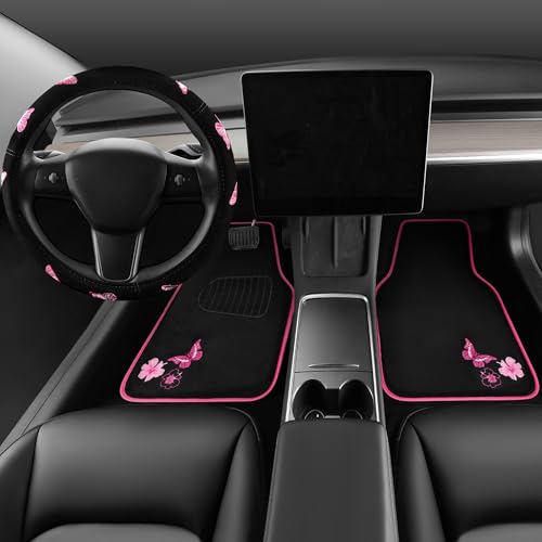 CAR PASS Embroidery Butterfly Steering Wheel Cover and Waterproof Car Floor Mats,Pink Car Mats 14.5-15inch Steering Wheel Covers Universal Fit for Cars, Suvs,Sedans,Van,for Women Girl(Black and Pink) - color: Black and Pink Butterfly